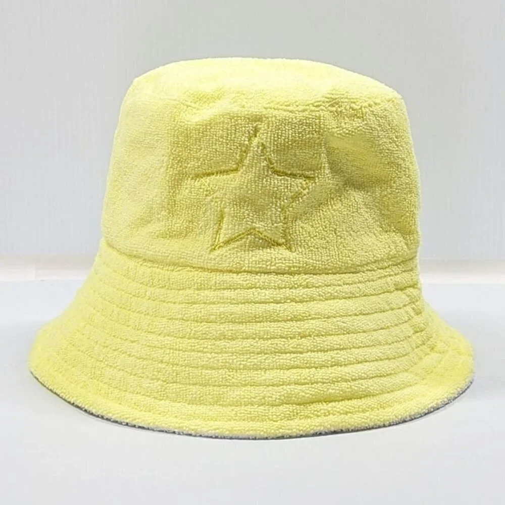 Jocelyn Women's Reversible Star Terry Bucket Hat Light Yellow O/S (MSRP $65)